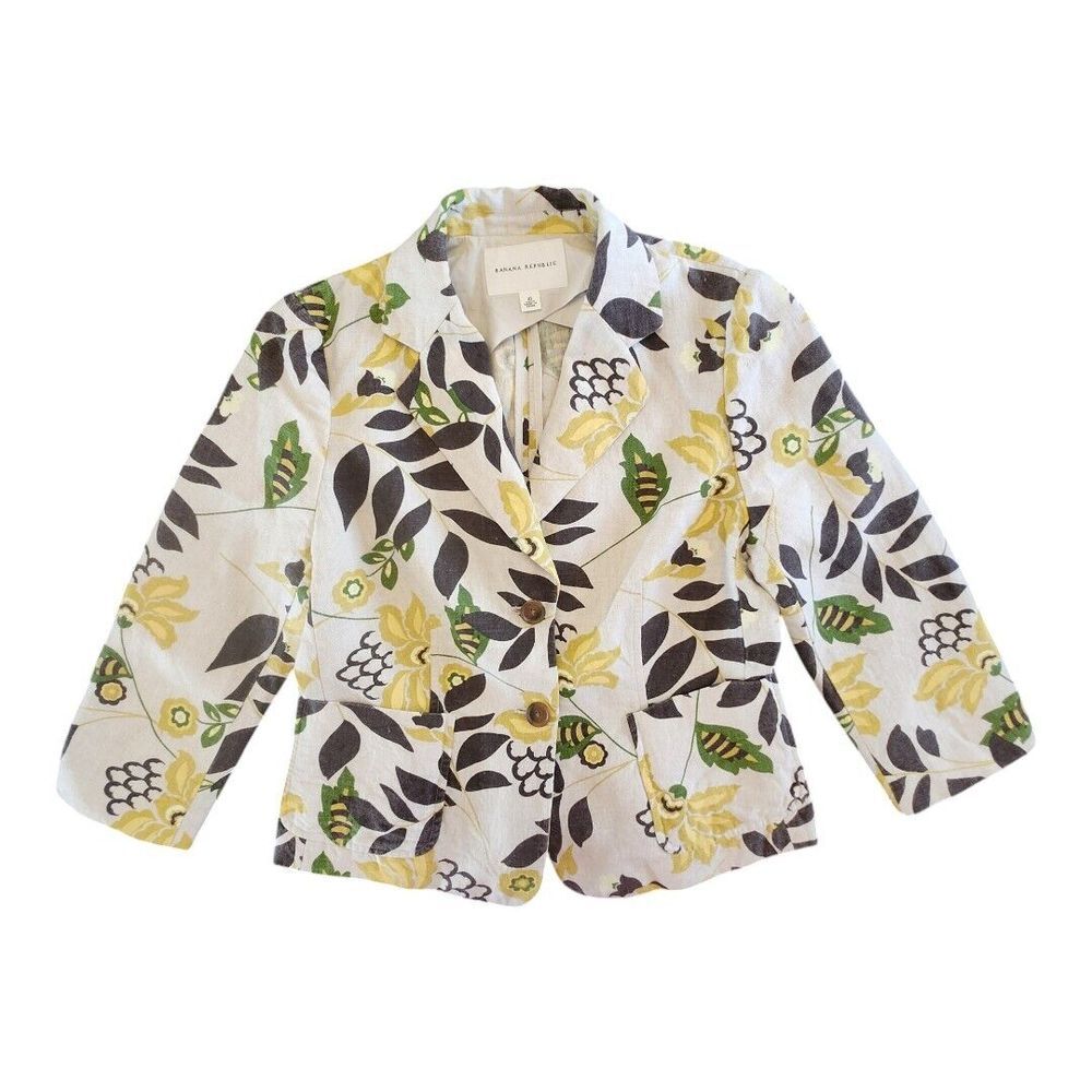 Y2K NWOT Banana Republic Womens Linen Floral Blazer Lined Jacket Size 10 Pockets